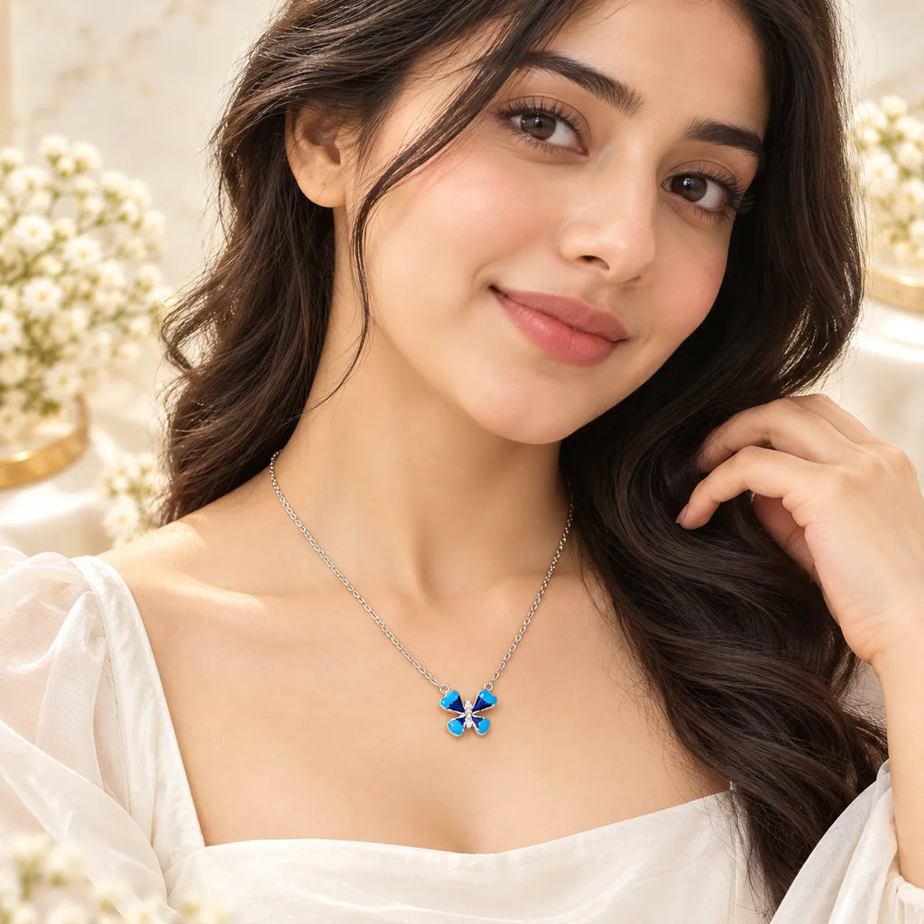 Marvel Silver Blue Aura Butterfly Silver Chain Pendant with Aqua Blue Wings and Sparkling Centre for Girls and Women