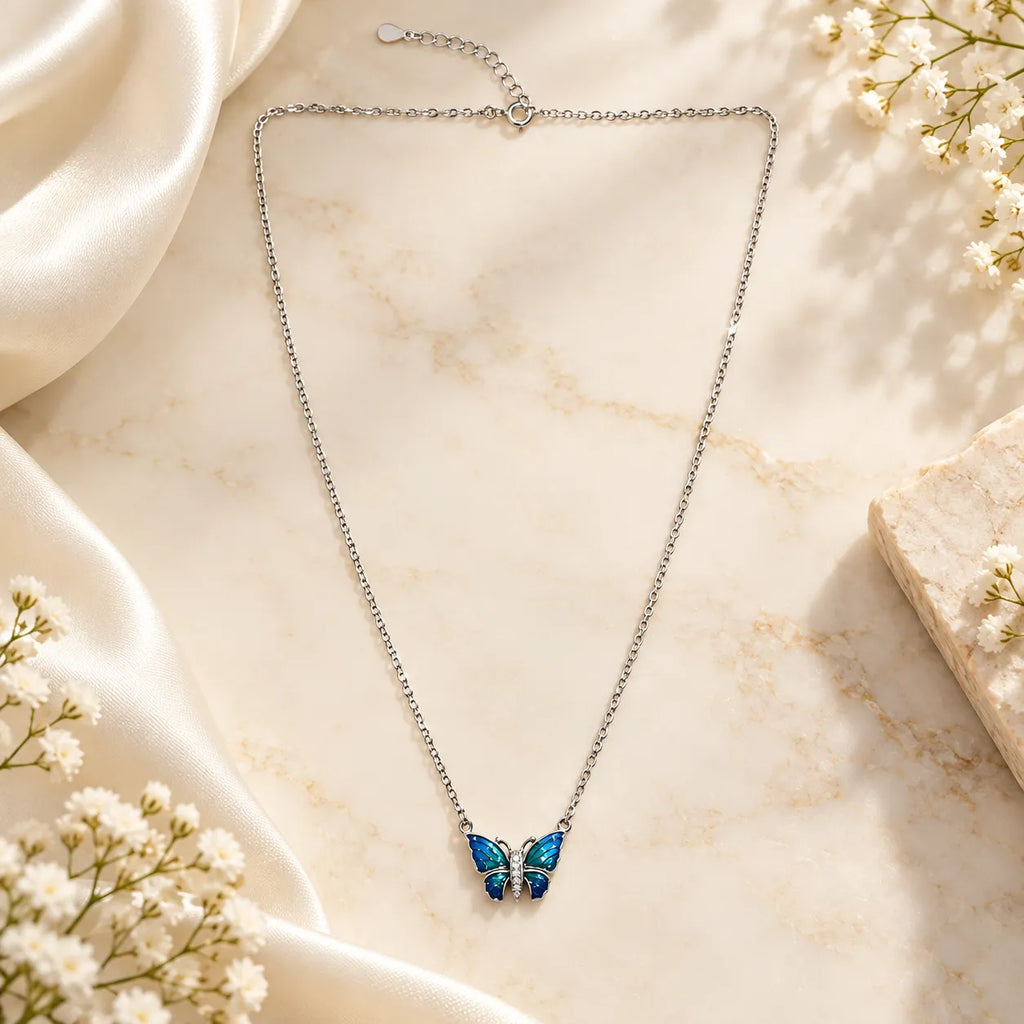 Marvel Silver Blue Butterfly Silver Chain Pendant for Girls and Women