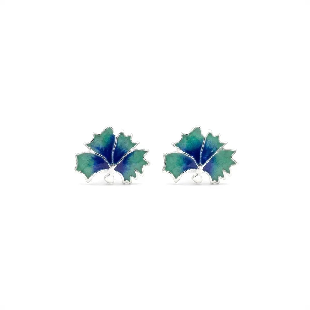 Marvel Silver blue and green enamel leaf stud earrings for women and girls featuring a silver-plated finish with a nature-inspired minimalist design.
