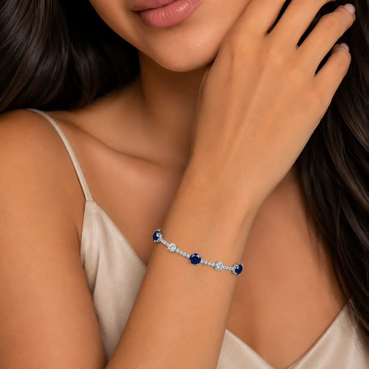 Marvel Silver 925 sterling silver tennis bracelet featuring sparkling blue sapphire-inspired Cubic Zirconia stones with brilliant white AAA Cubic Zirconia accents, rhodium-plated finish, adjustable extension chain, elegant bracelet for women and girls suitable for daily wear, parties, weddings, anniversaries, and gifting.