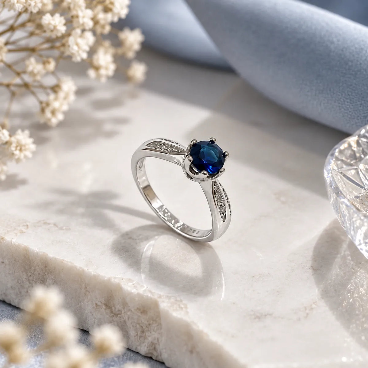 Marvel Silver blue stone silver ring for girls with round blue center stone and sparkling white stone side detailing
