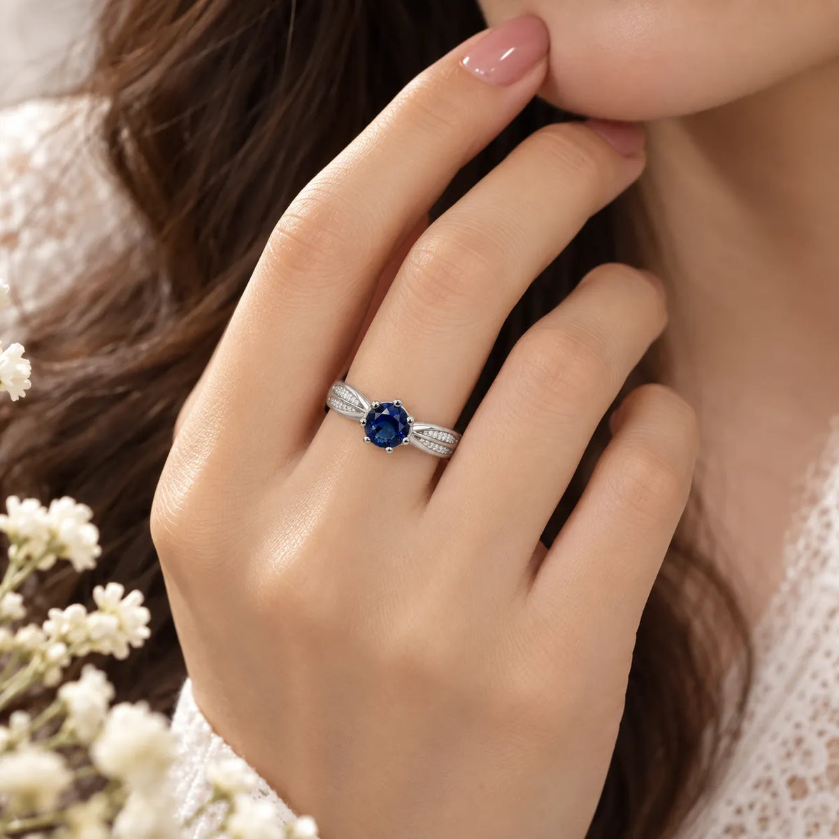 Marvel Silver blue stone silver ring for girls with round blue center stone and sparkling white stone side detailing