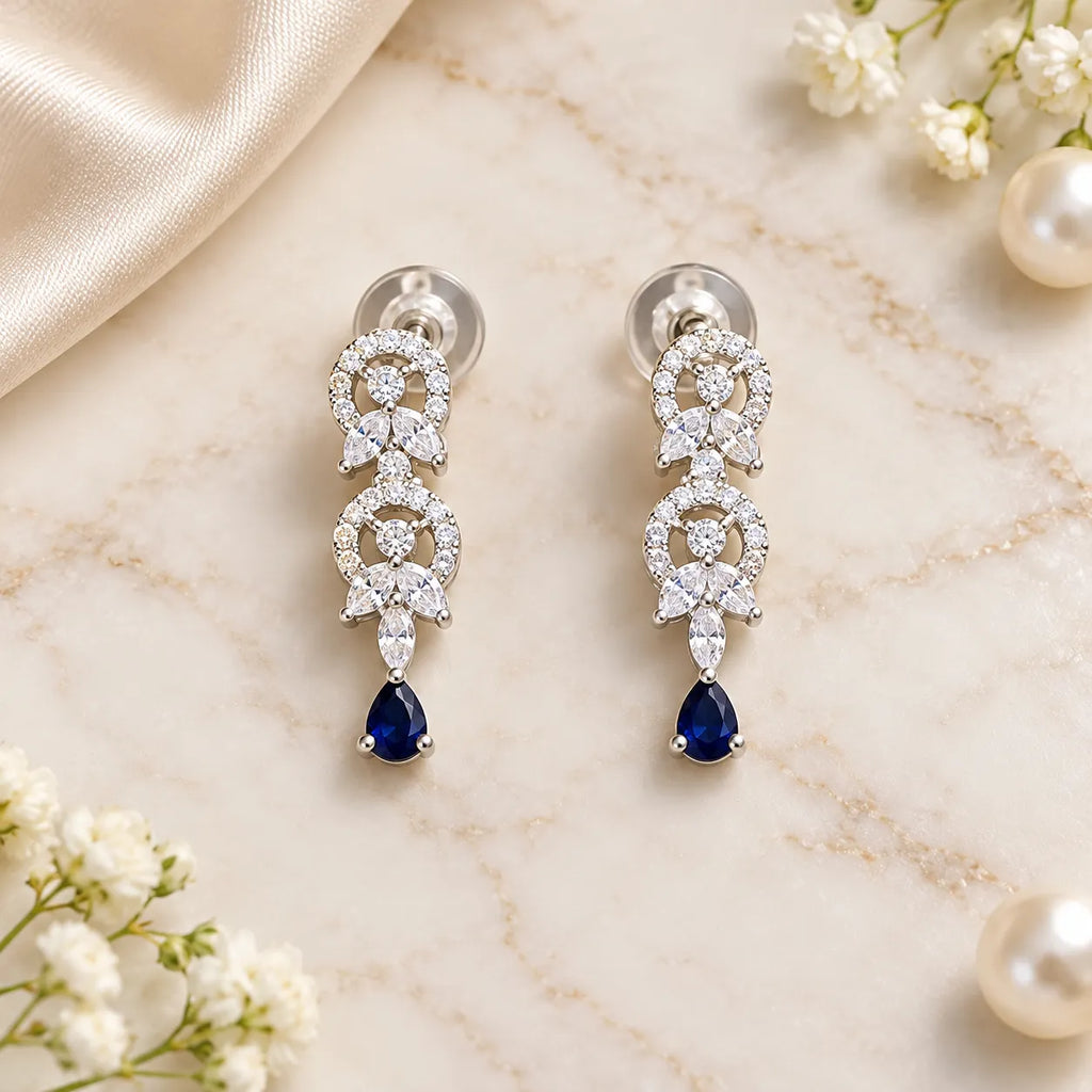 Marvel Silver Blue Teardrop Stone Silver Necklace Set with Matching Earrings for Women