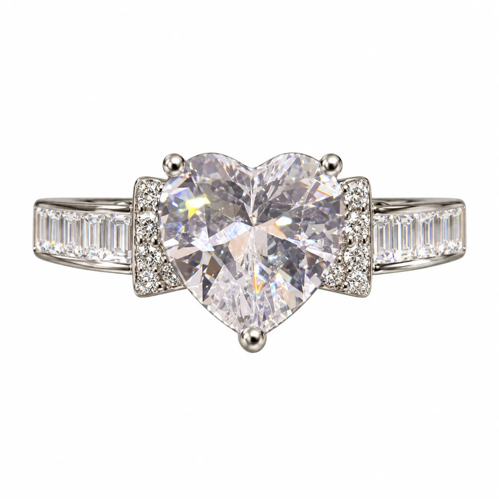 Marvel Silver Bow Accent Heart Crystal Silver Ring for Girls and Women Featuring a Large Sparkling Heart-Shaped Centre Stone, Crystal-Studded Bow Side Accents and Elegant Silver Band