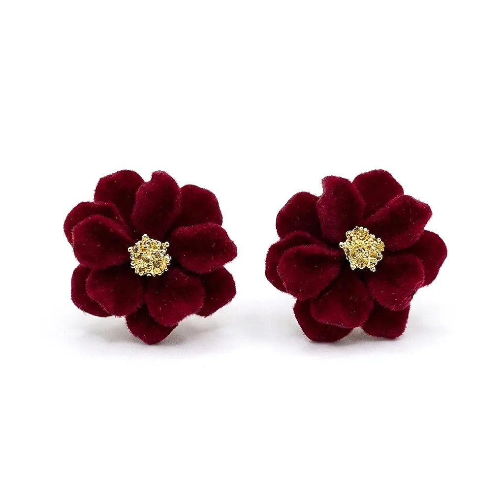 Marvel Silver burgundy velvet flower imitation stud earrings with gold-tone floral center for women.