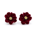 Marvel Silver burgundy velvet flower imitation stud earrings with gold-tone floral center for women.