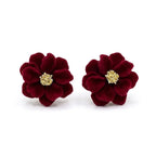 Marvel Silver burgundy velvet flower imitation stud earrings with gold-tone floral center for women.
