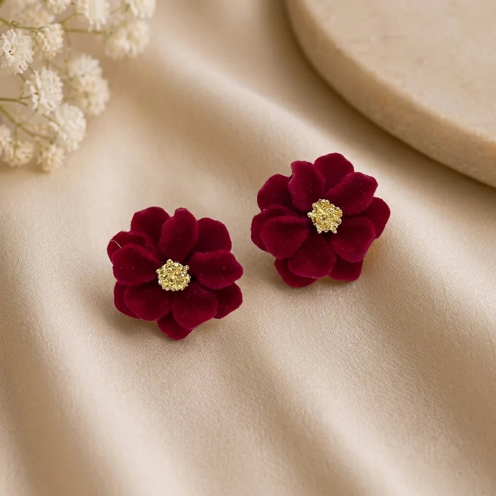 Marvel Silver burgundy velvet flower imitation stud earrings with gold-tone floral center for women.