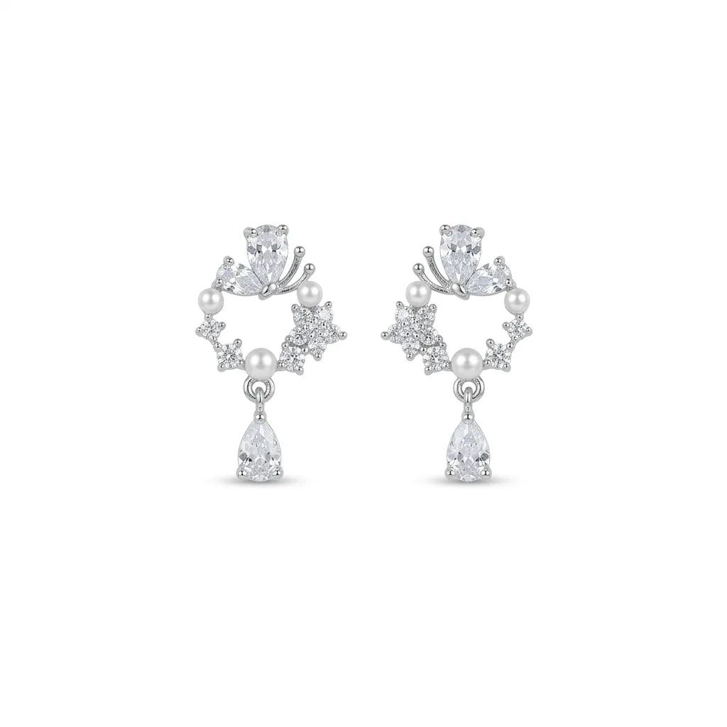 Elegant Butterfly Pearl CZ Silver Finish Drop Earrings for Women by Marvel Silver