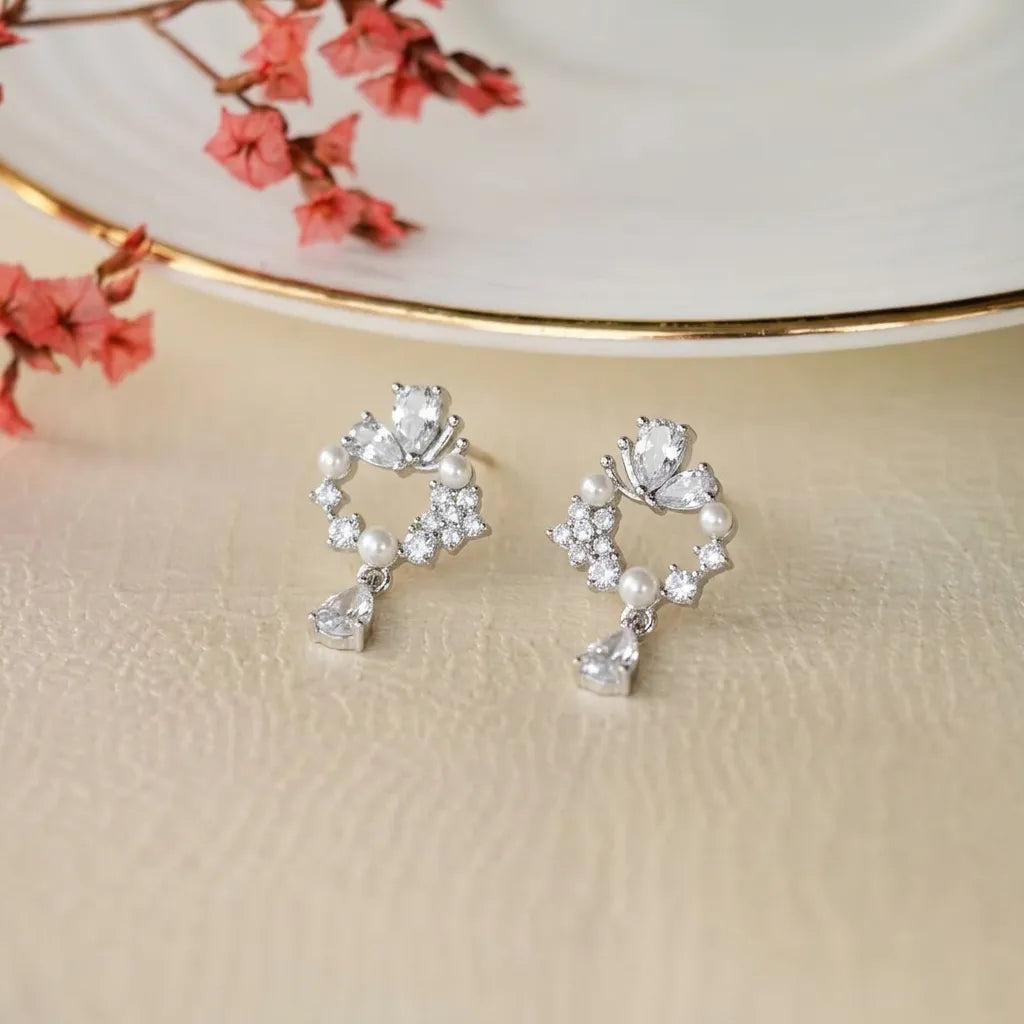Elegant Butterfly Pearl CZ Silver Finish Drop Earrings for Women by Marvel Silver