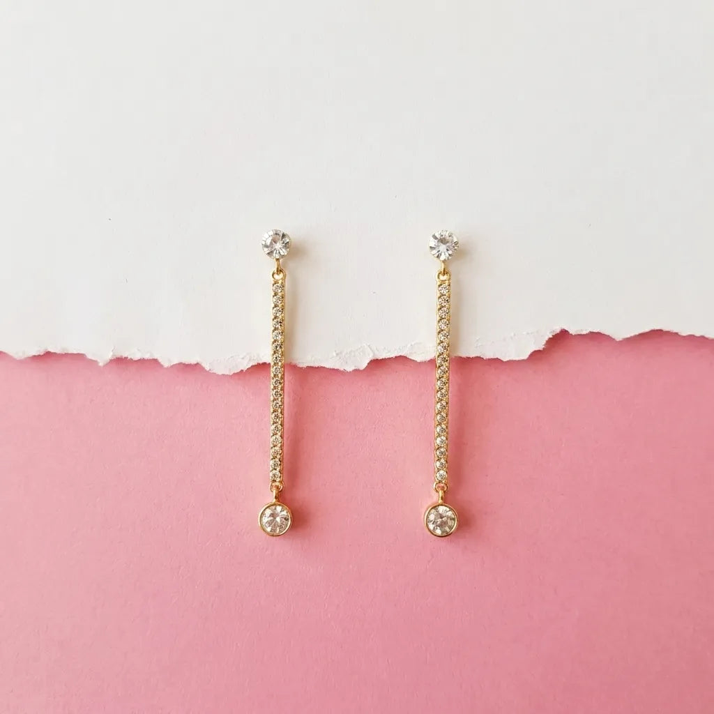 Elegant Gold Finish CZ Bar Drop Earrings for Women by Marvel Silver
