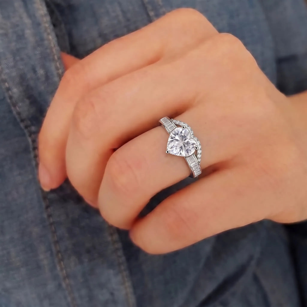 Marvel Silver Crown Halo Heart Crystal Silver Ring for Girls and Women Featuring a Sparkling Heart-Shaped Centre Stone, Crown-Inspired Crystal Halo and Rectangular Stone-Studded Silver Band