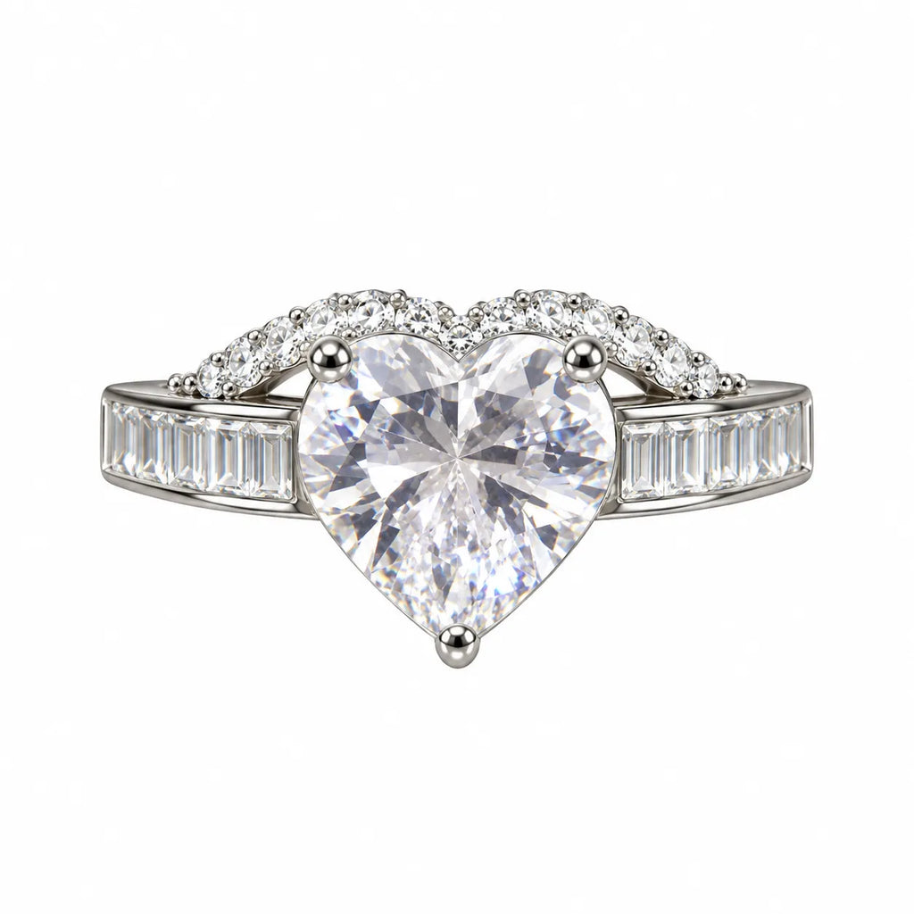 Marvel Silver Crown Halo Heart Crystal Silver Ring for Girls and Women Featuring a Sparkling Heart-Shaped Centre Stone, Crown-Inspired Crystal Halo and Rectangular Stone-Studded Silver Band