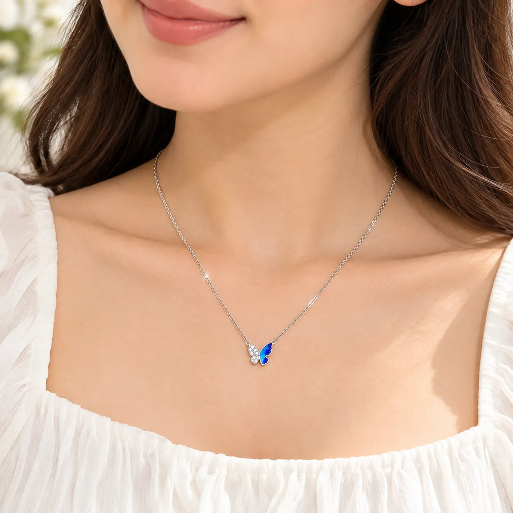 Marvel Silver Crystal Tide Butterfly Silver Chain Pendant with Blue and Crystal Design for Girls and Women