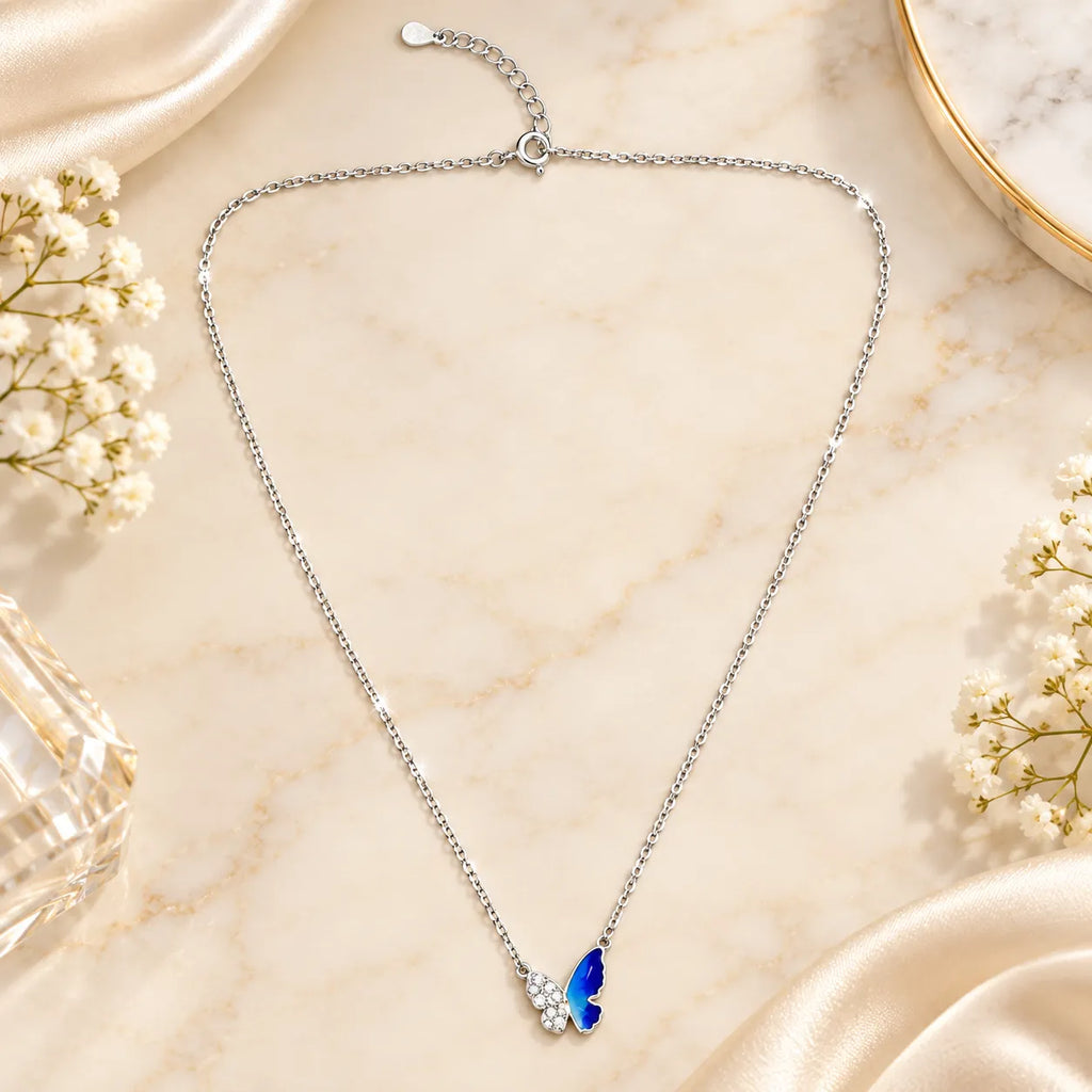 Marvel Silver Crystal Tide Butterfly Silver Chain Pendant with Blue and Crystal Design for Girls and Women