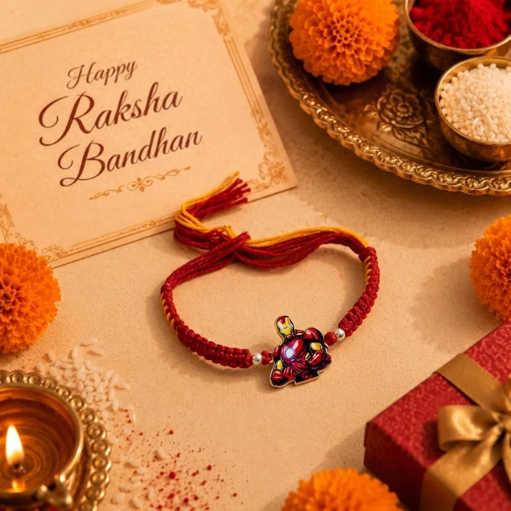 Cute Bal Ganesh Kids Rakhi with Handmade Orange & Red Thread for Raksha Bandhan