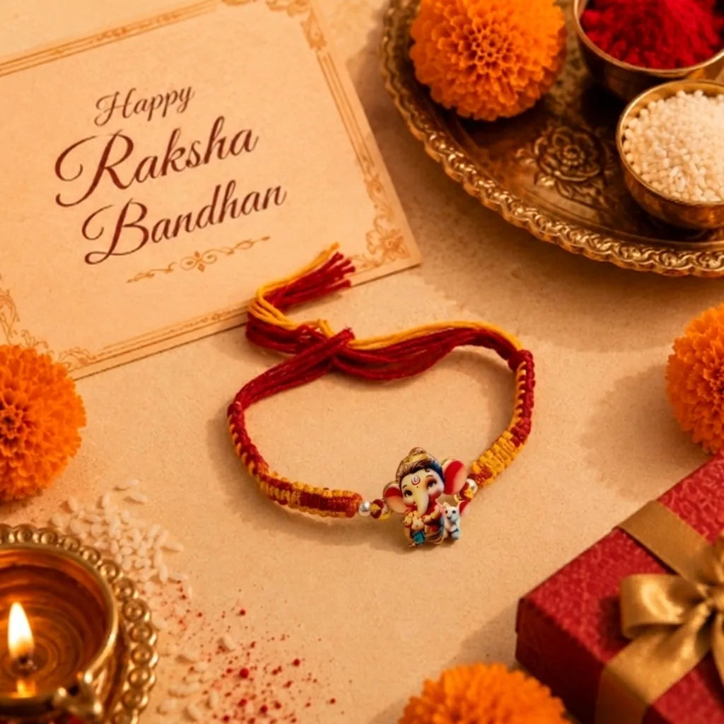 Cute Bal Ganesh Kids Rakhi with Handmade Orange & Red Thread for Raksha Bandhan