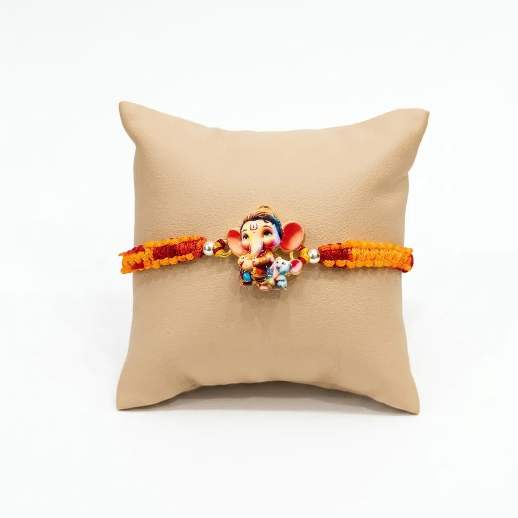 Cute Bal Ganesh Kids Rakhi with Handmade Orange & Red Thread for Raksha Bandhan