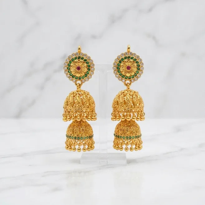 Double layer gold polish green stone traditional jhumka earrings for women by Marvel Silver
