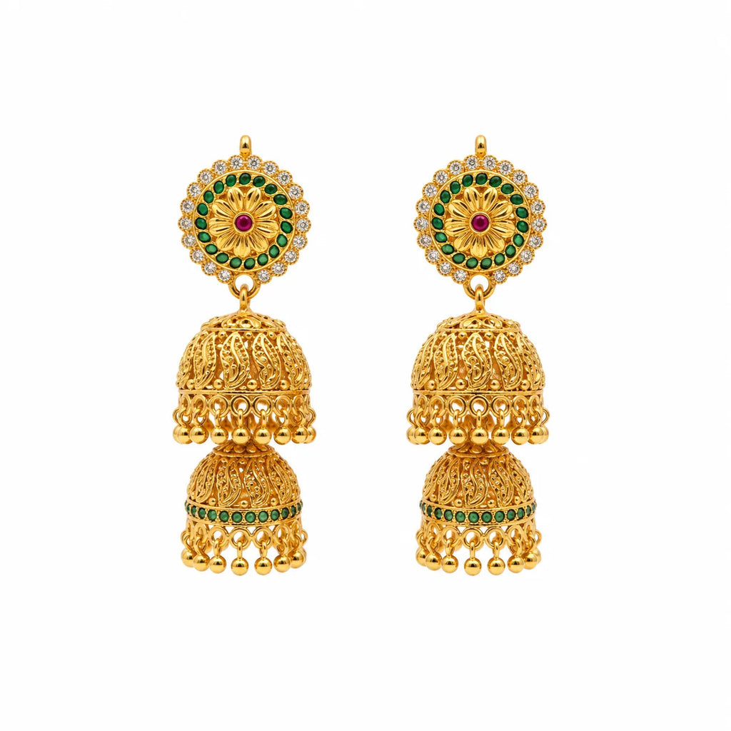 Double layer gold polish green stone traditional jhumka earrings for women by Marvel Silver
