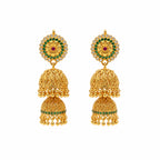Double layer gold polish green stone traditional jhumka earrings for women by Marvel Silver