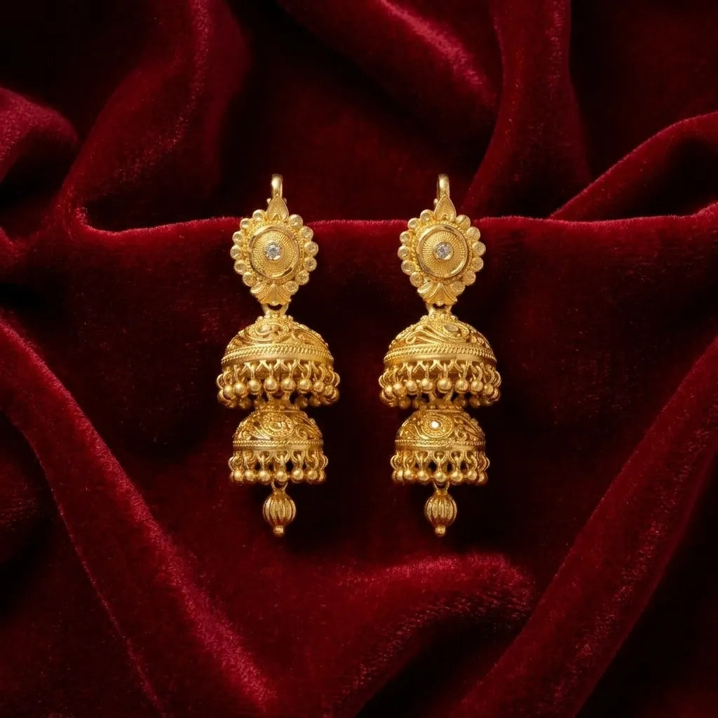 Double layer imitation gold polish traditional jhumka earrings for women by Marvel Silver