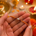 Marvel Silver Double Rudraksha Rakhi featuring two sacred Rudraksha beads, a premium silver center bead, and a saffron-orange thread for Raksha Bandhan celebrations.