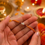 Marvel Silver Double Rudraksha Rakhi featuring two sacred Rudraksha beads, a premium silver center bead, and a saffron-orange thread for Raksha Bandhan celebrations.