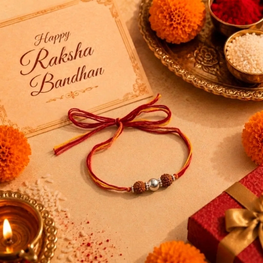 Marvel Silver Double Rudraksha Rakhi featuring two sacred Rudraksha beads, a premium silver center bead, and a saffron-orange thread for Raksha Bandhan celebrations.