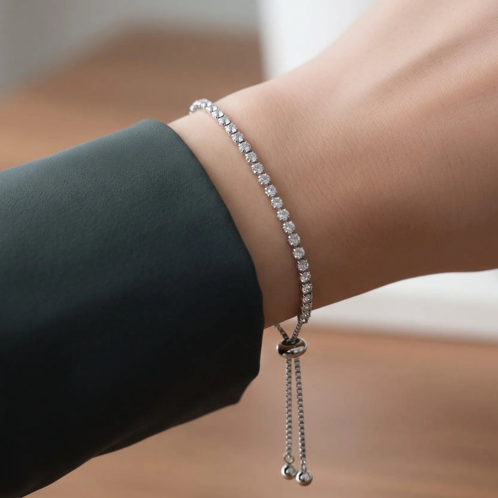 Marvel Silver Elegant Crystal Tennis Adjustable Silver Bracelet for Girls and Women with Sparkling Stones and Sliding Ball Closure