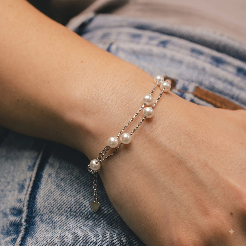 Marvel Silver Elegant Pearl Double-Layer Silver Bracelet for women with white pearl-style beads and delicate layered silver chains