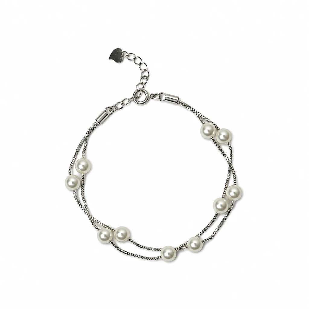 Marvel Silver Elegant Pearl Double-Layer Silver Bracelet for women with white pearl-style beads and delicate layered silver chains
