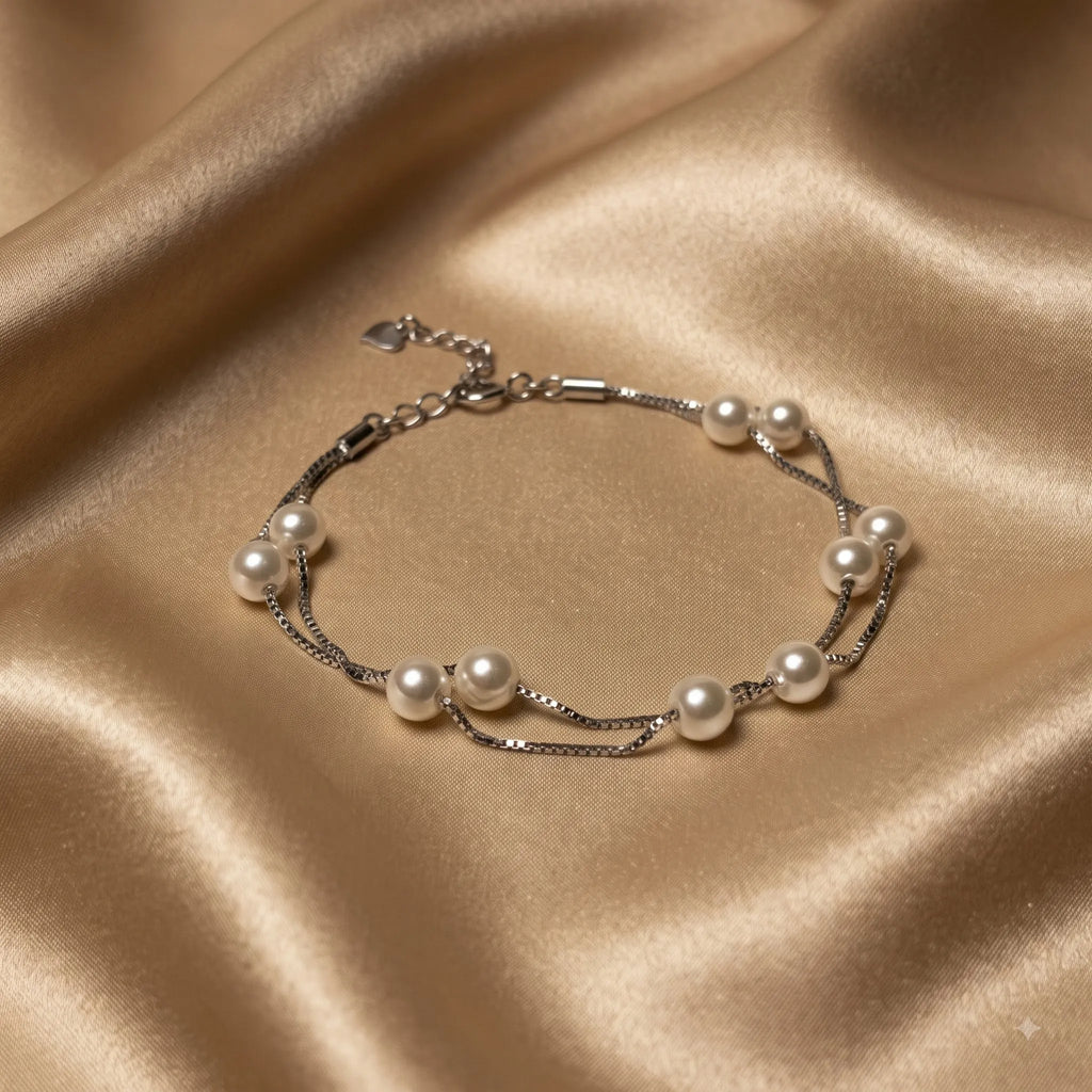 Marvel Silver Elegant Pearl Double-Layer Silver Bracelet for women with white pearl-style beads and delicate layered silver chains
