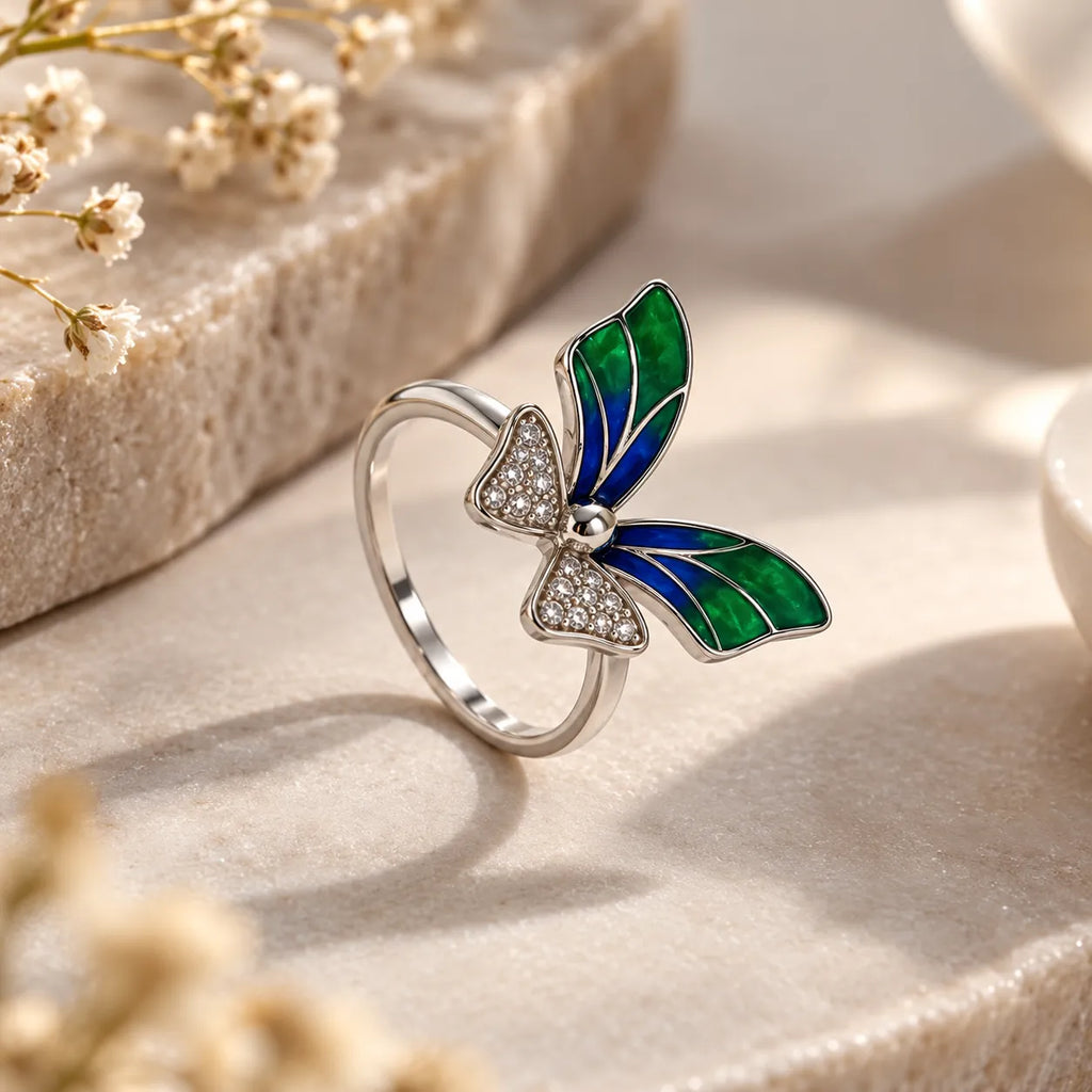 Marvel Silver Emerald Blue Butterfly Crystal Silver Ring for girls with green and blue wings and sparkling white crystal accents