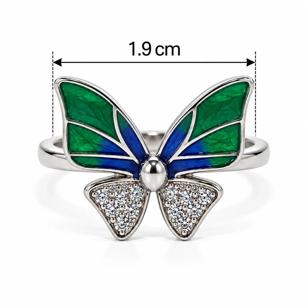 Marvel Silver Emerald Blue Butterfly Crystal Silver Ring for girls with green and blue wings and sparkling white crystal accents
