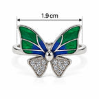 Marvel Silver Emerald Blue Butterfly Crystal Silver Ring for girls with green and blue wings and sparkling white crystal accents