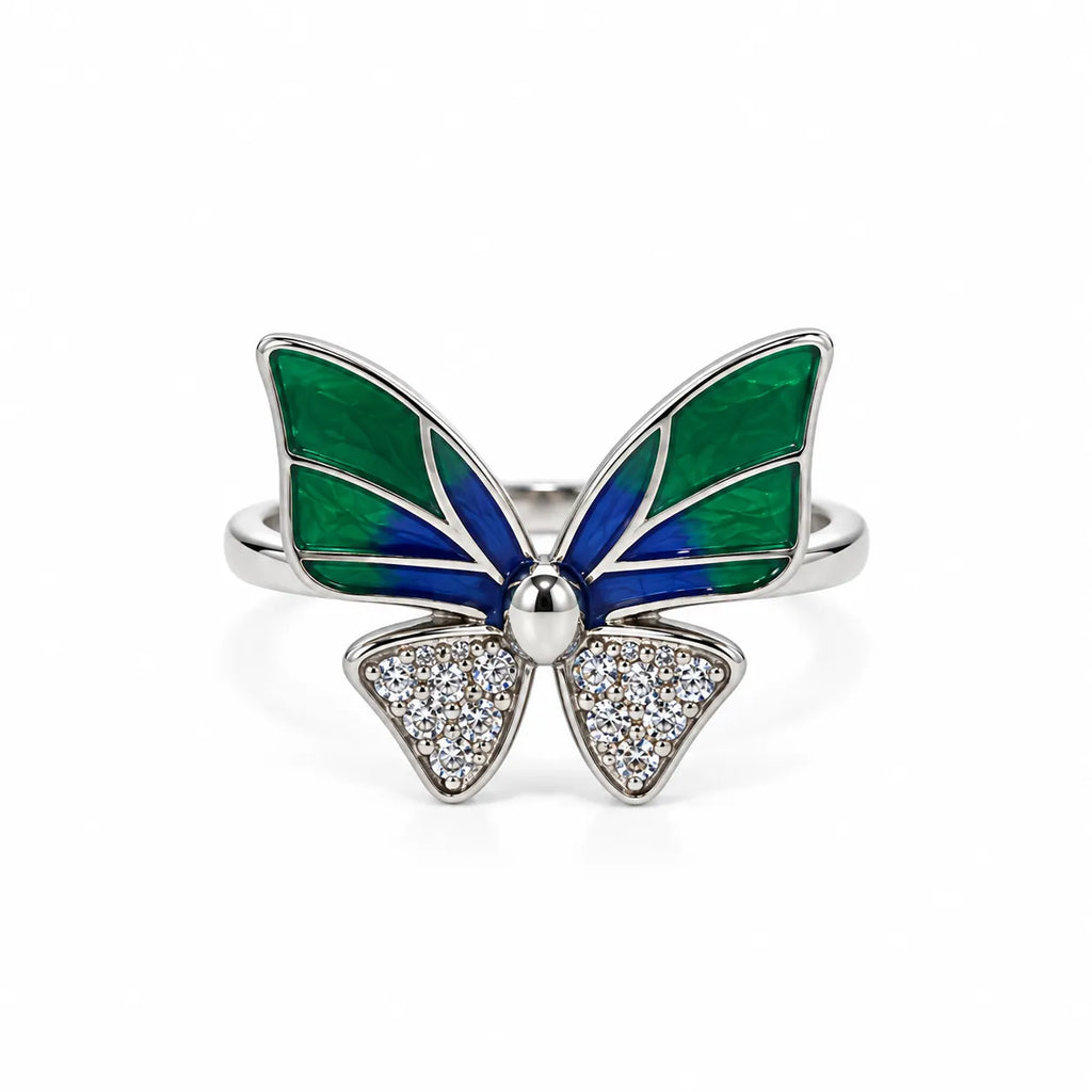 Marvel Silver Emerald Blue Butterfly Crystal Silver Ring for girls with green and blue wings and sparkling white crystal accents