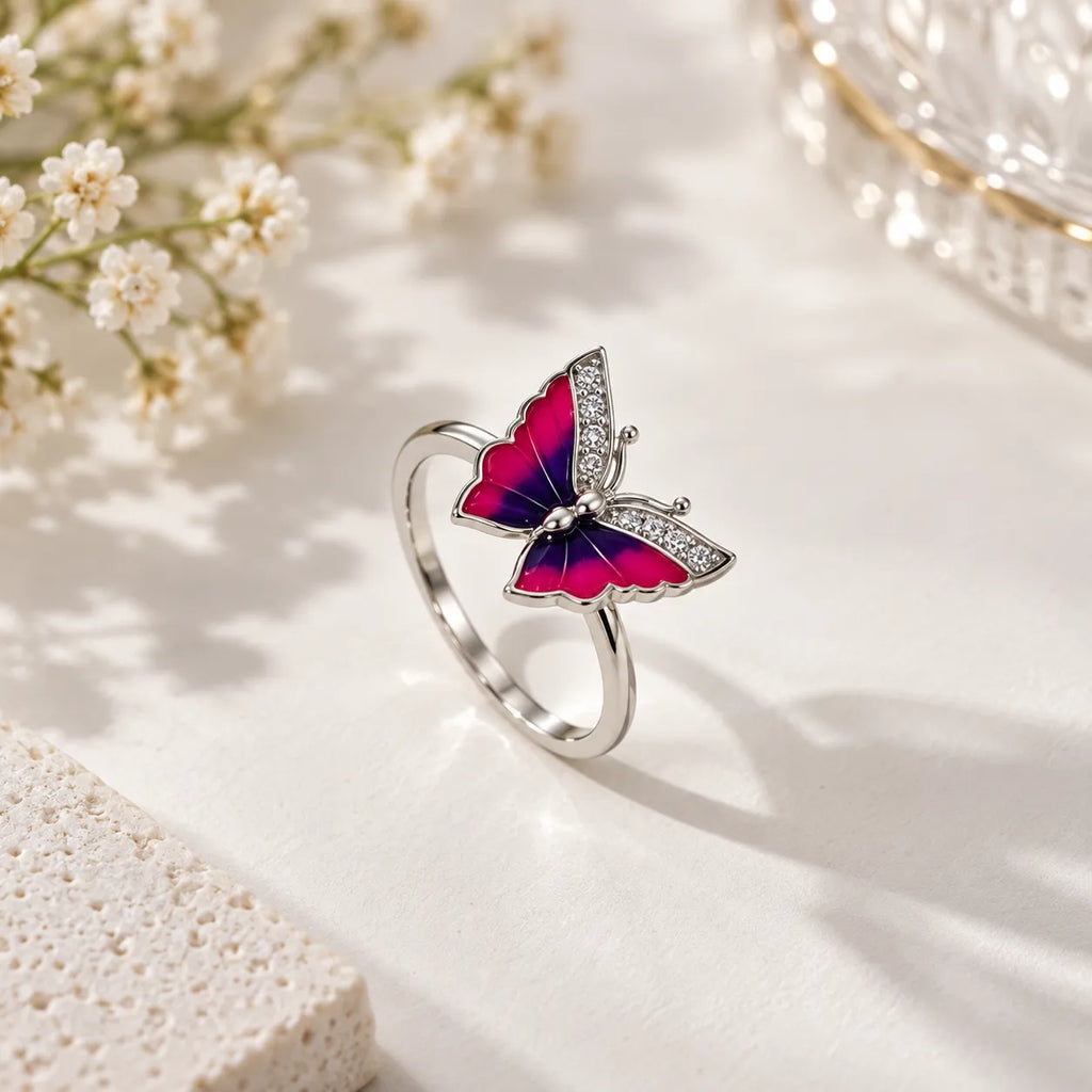 Marvel Silver Enchanted Butterfly Crystal Silver Ring for girls with pink and purple butterfly design and sparkling white stone accents