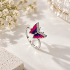 Marvel Silver Enchanted Butterfly Crystal Silver Ring for girls with pink and purple butterfly design and sparkling white stone accents