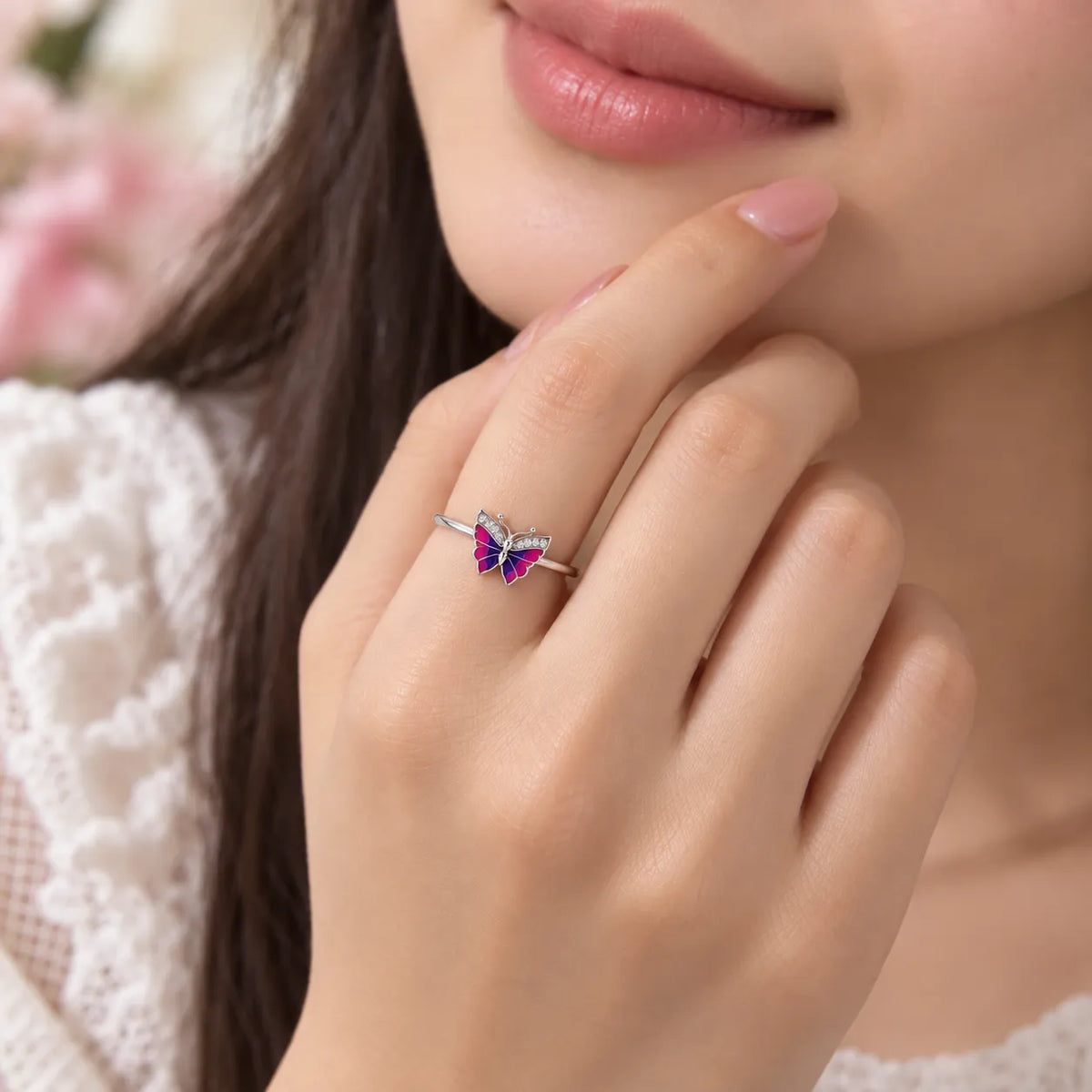 Marvel Silver Enchanted Butterfly Crystal Silver Ring for girls with pink and purple butterfly design and sparkling white stone accents