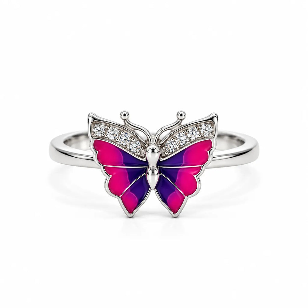 Marvel Silver Enchanted Butterfly Crystal Silver Ring for girls with pink and purple butterfly design and sparkling white stone accents