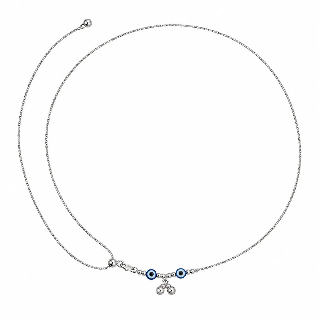 Marvel Silver Evil Eye Charm Adjustable Silver Kamarbandh Worn by Woman with Light Blue Embroidered Saree, Featuring Two Blue Evil Eye Charms and Dangling Silver Beads