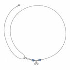 Marvel Silver Evil Eye Charm Adjustable Silver Kamarbandh Worn by Woman with Light Blue Embroidered Saree, Featuring Two Blue Evil Eye Charms and Dangling Silver Beads