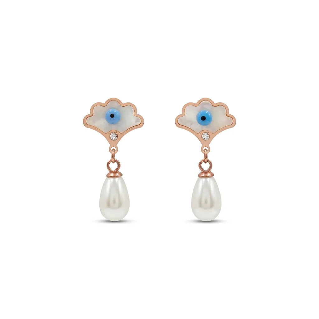 Rose Gold Evil Eye Pearl Drop Earrings for Women by Marvel Silver