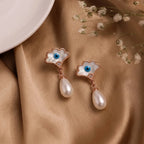 Rose Gold Evil Eye Pearl Drop Earrings for Women by Marvel Silver