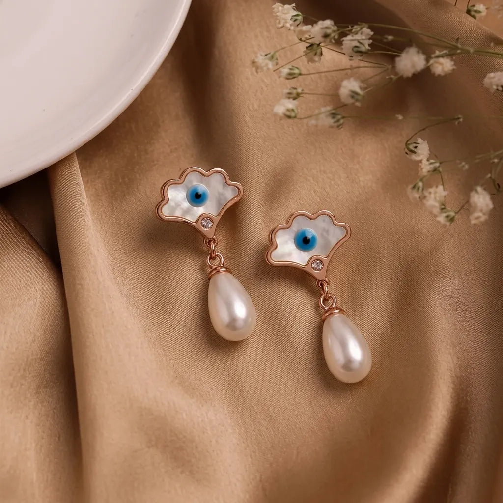Rose Gold Evil Eye Pearl Drop Earrings for Women by Marvel Silver