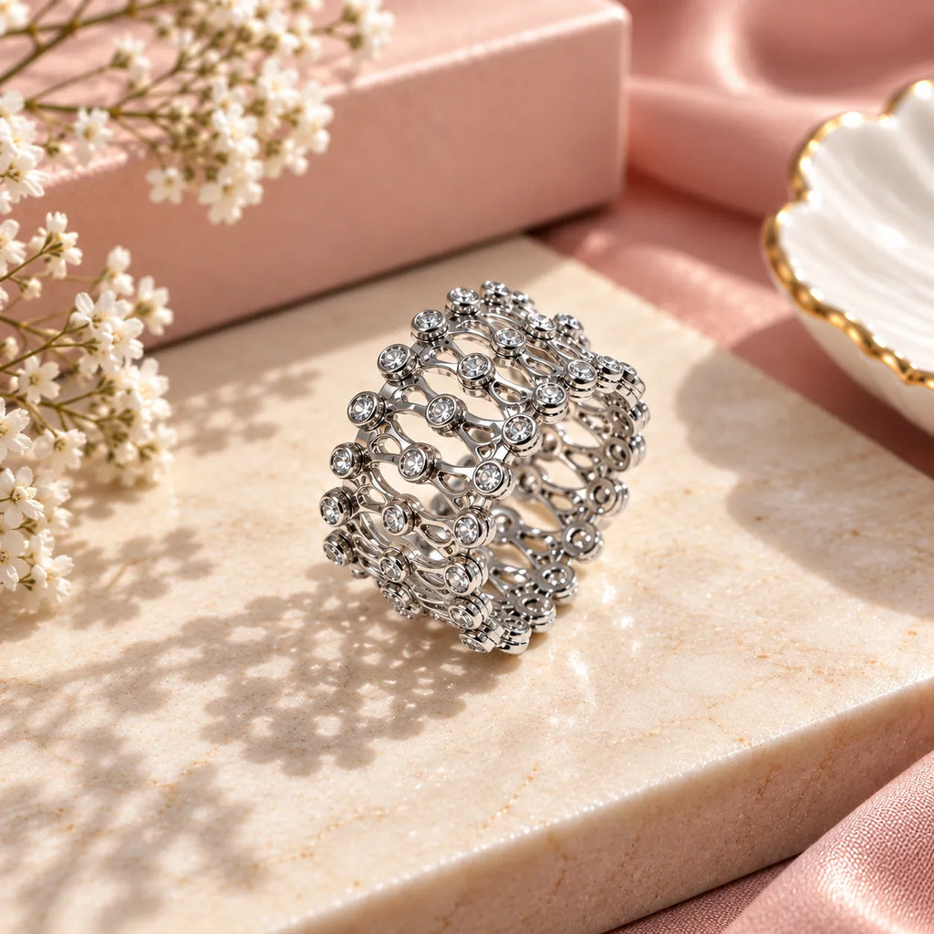 Marvel Silver adjustable floral stone silver ring kada for women with sparkling round stone detailing