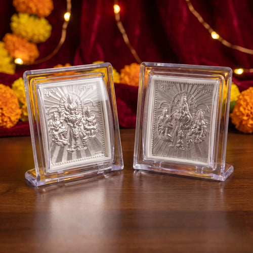 Marvel Silver Ganesh Lakshmi Silver Religious Frame Set of 2 Featuring Detailed Lord Ganesha and Goddess Lakshmi Engravings in Transparent Tabletop Display Cases