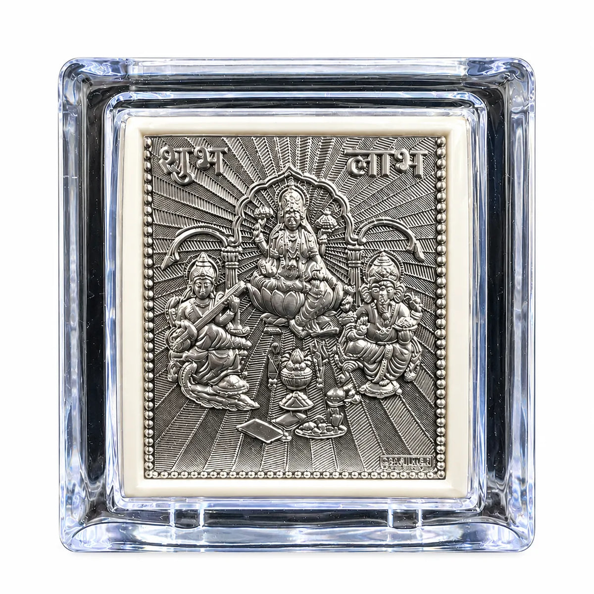 Marvel Silver Ganesh Lakshmi Silver Religious Frame Set of 2 Featuring Detailed Lord Ganesha and Goddess Lakshmi Engravings in Transparent Tabletop Display Cases