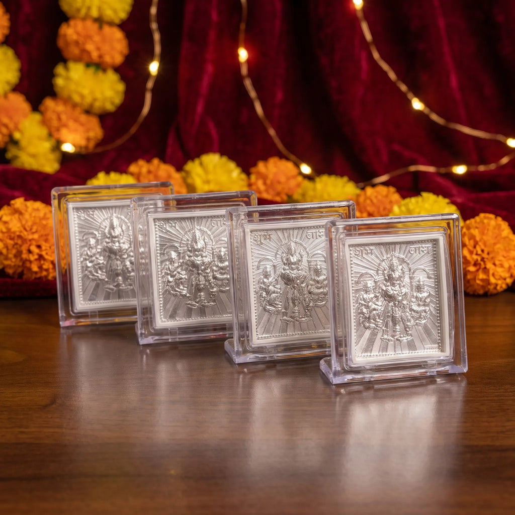 Marvel Silver Ganesh Lakshmi Silver Religious Frame Set of 4 Featuring Four Devotional Photo Frames with Lord Ganesha and Goddess Lakshmi Engravings in Transparent Tabletop Display Cases